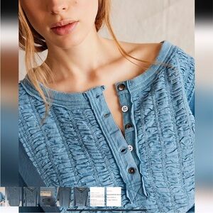 We The Free Light Blue Ruched Henley Pullover
